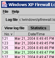 Screenshot showing the main window of Windows XP Firewall Log  Viewer